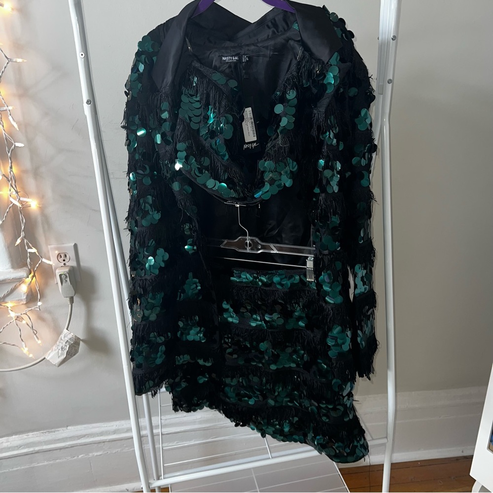 Nastygal three piece green and black sequin fringe set